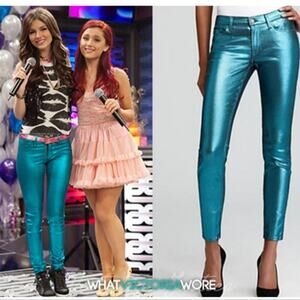 7 For All Mankind NEW Liquid Metal Teal Green Shiny Coated Jeans 23 TRENDING